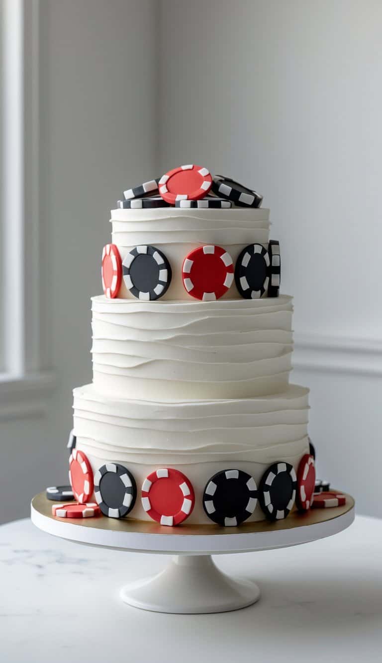 Two-tier cake decorated with casino chip designs on a white cake stand, placed on a clean surface against a plain background in a bright kitchen.