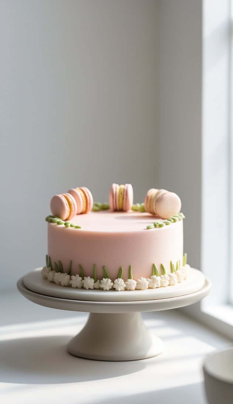 A mini cake with smooth frosting and small macarons on top, displayed on a cake stand on a clean surface against a plain background in a bright kitchen.