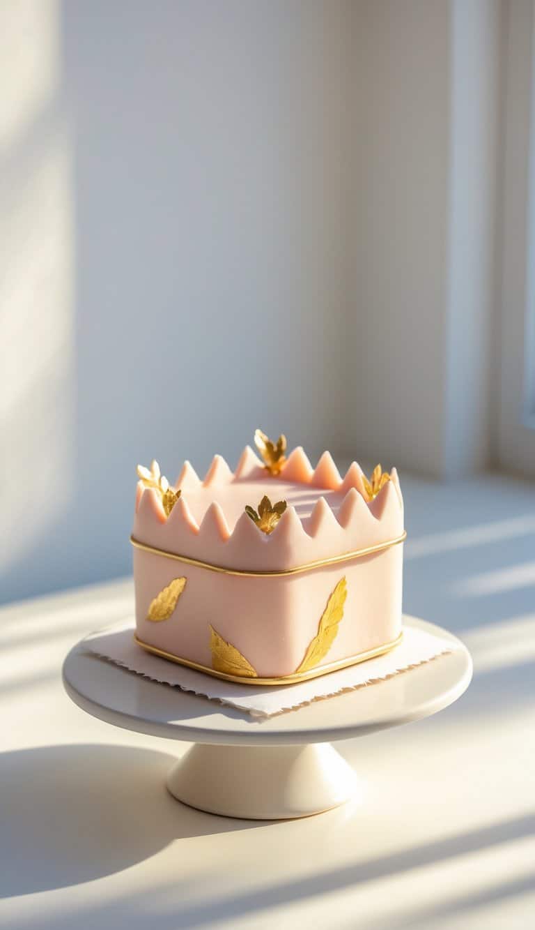 A mini cake on a white cake stand on a clean surface with a plain background in a brightly lit kitchen.