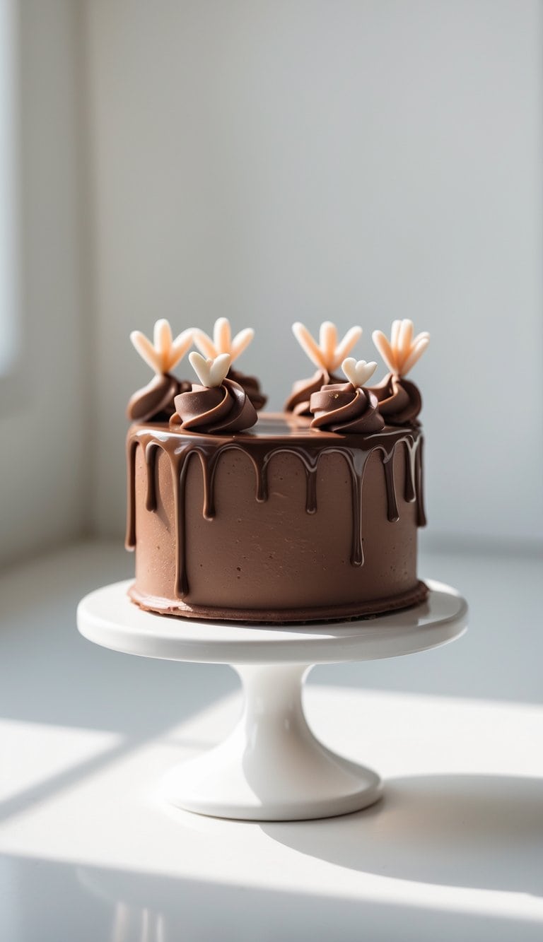 A mini chocolate cake with smooth frosting and decorative edges on a white cake stand on a clean surface in a bright kitchen.