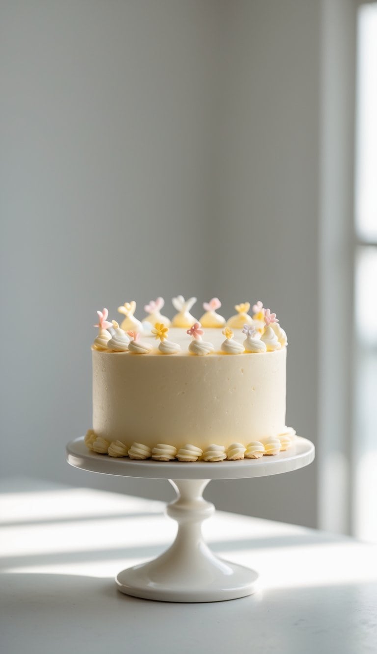 A mini cake on a cake stand on a clean surface against a plain background in a brightly lit kitchen.