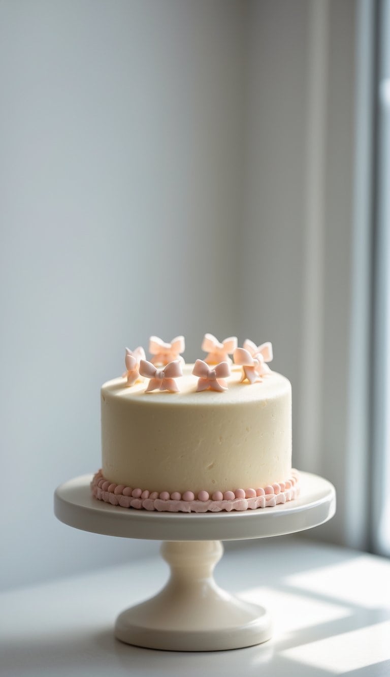 A small round cake with smooth frosting and tiny fondant bows on top, placed on a cake stand on a clean surface against a plain background in a bright kitchen.