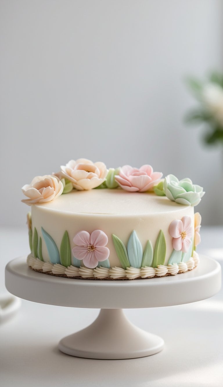 A mini cake with smooth frosting and edible flower decorations on a cake stand in a brightly lit kitchen against a plain background.