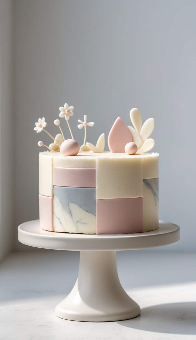 A mini cake with smooth marbled frosting panels sits on a cake stand on a clean surface against a plain background in a bright kitchen.