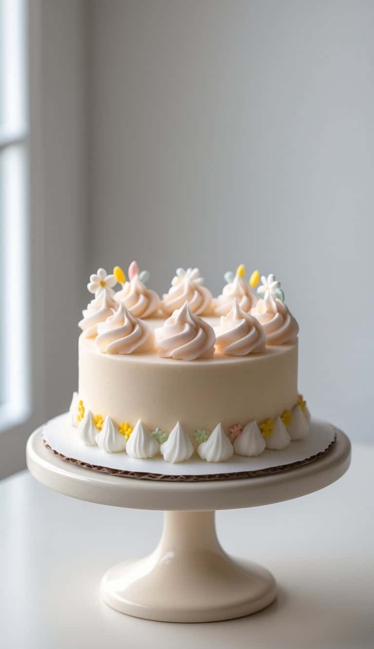 A small round cake with smooth frosting and decorative whipped cream rosettes sits on a cake stand on a clean surface against a plain background in a bright kitchen.