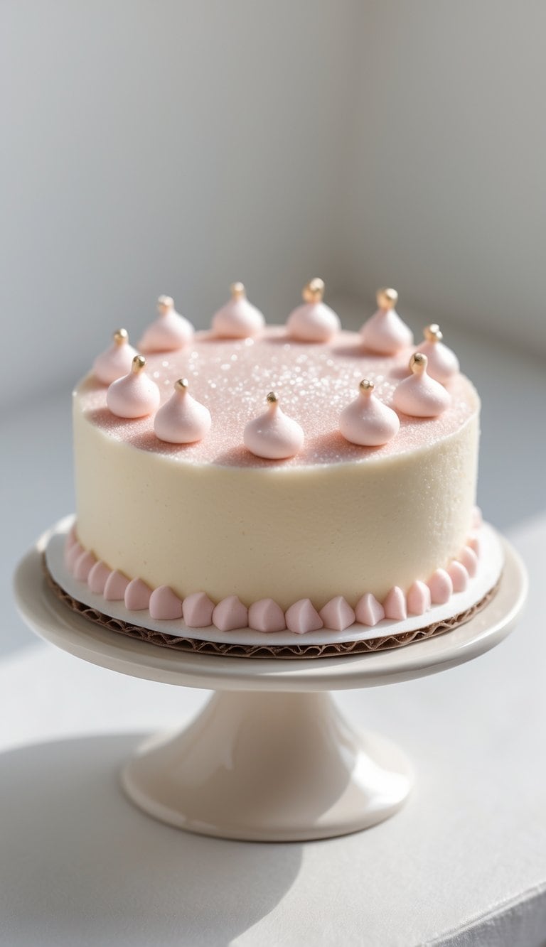 A mini cake with smooth frosting and decorative borders on a cake stand, set on a clean surface against a plain background in a bright kitchen.