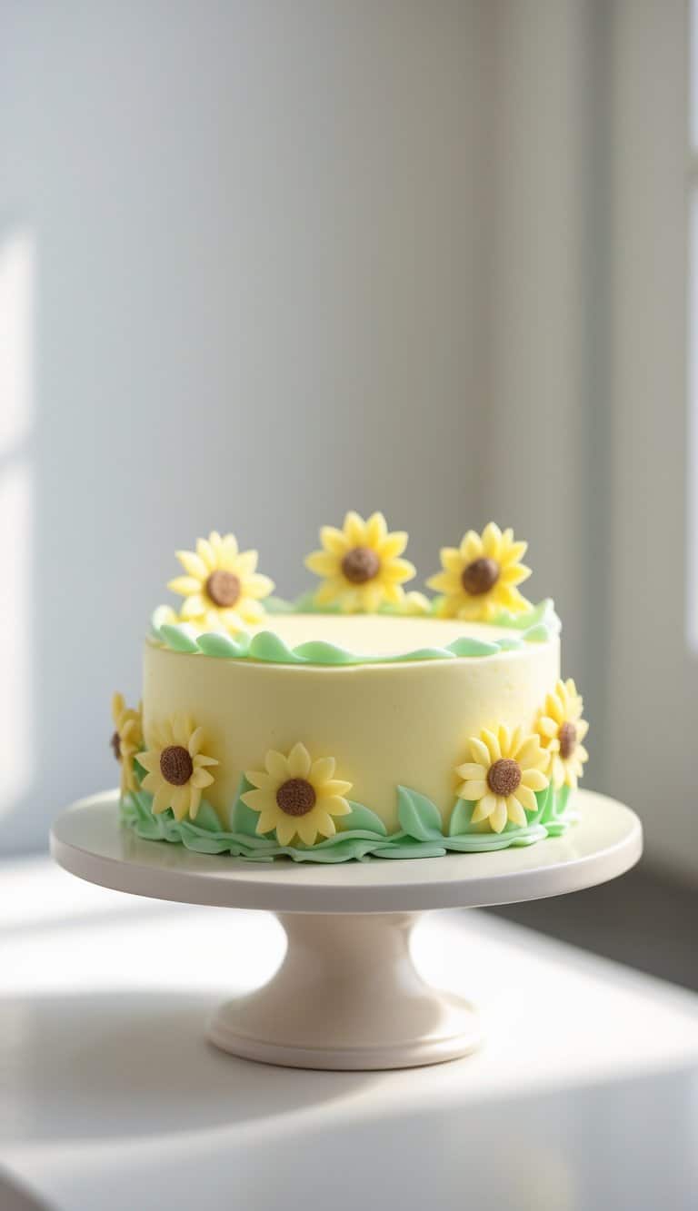 A mini cake with sunflower decorations on a cake stand against a plain background in a bright kitchen.