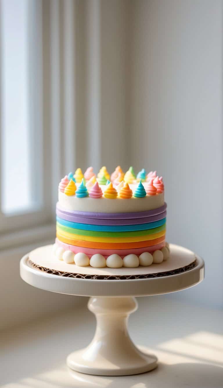 A mini cake with colorful rainbow frosting stripes sits on a cake stand on a clean surface against a plain background in a brightly lit kitchen.