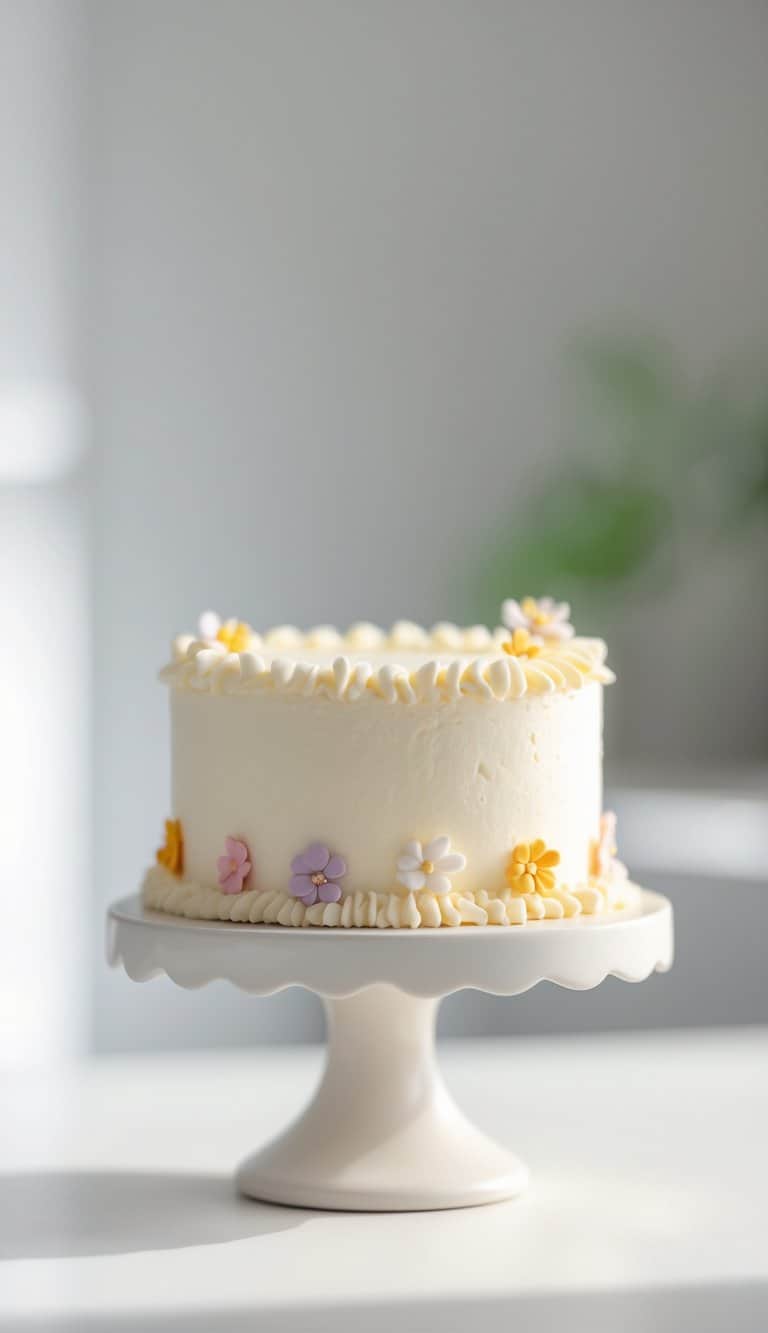 A mini cake with smooth frosting and decorative edges on a cake stand, set on a clean surface against a plain background in a bright kitchen.