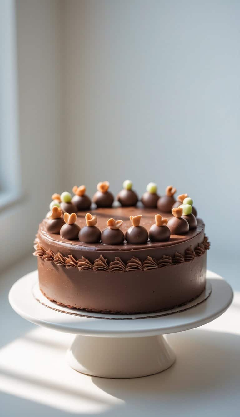 Mini round chocolate cake with smooth frosting and decorative frosting borders on a white cake stand, set on a clean surface against a plain background in a bright kitchen.