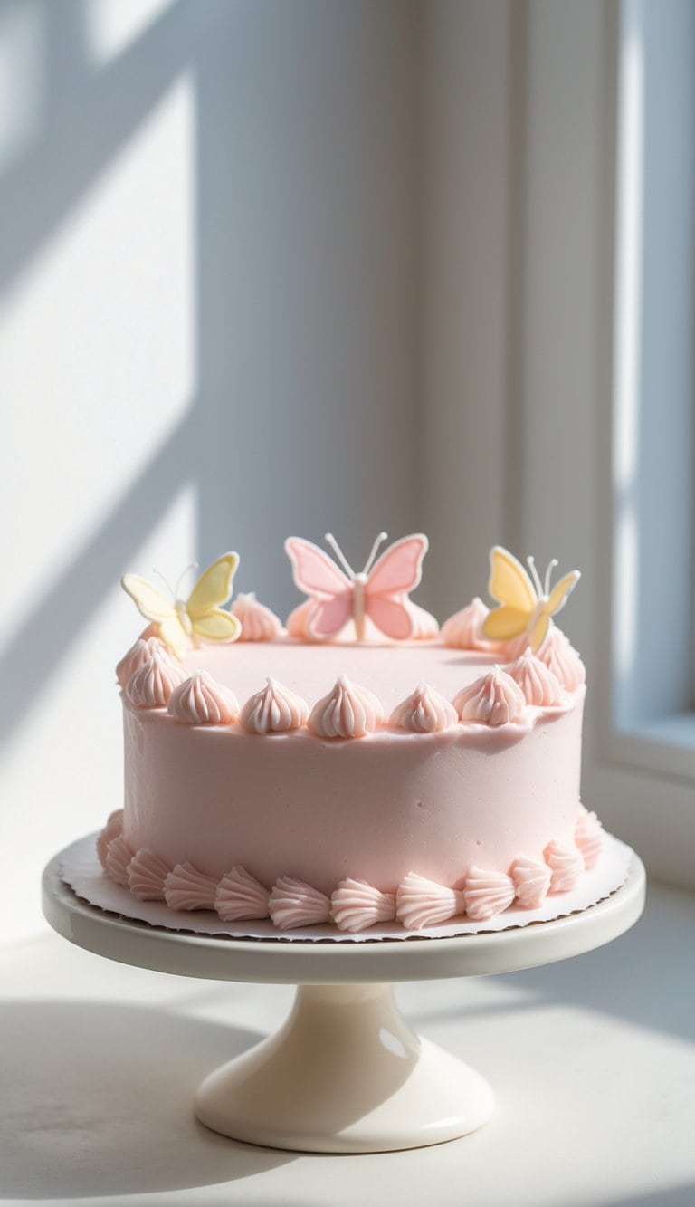 A mini cake with smooth frosting and sugar butterfly decorations on a cake stand in a brightly lit kitchen.