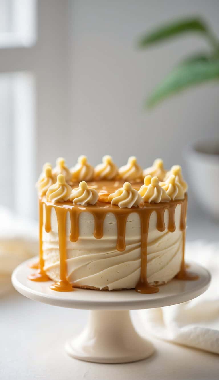 Mini caramel-drizzled cake on a cake stand against a plain background in a bright kitchen.