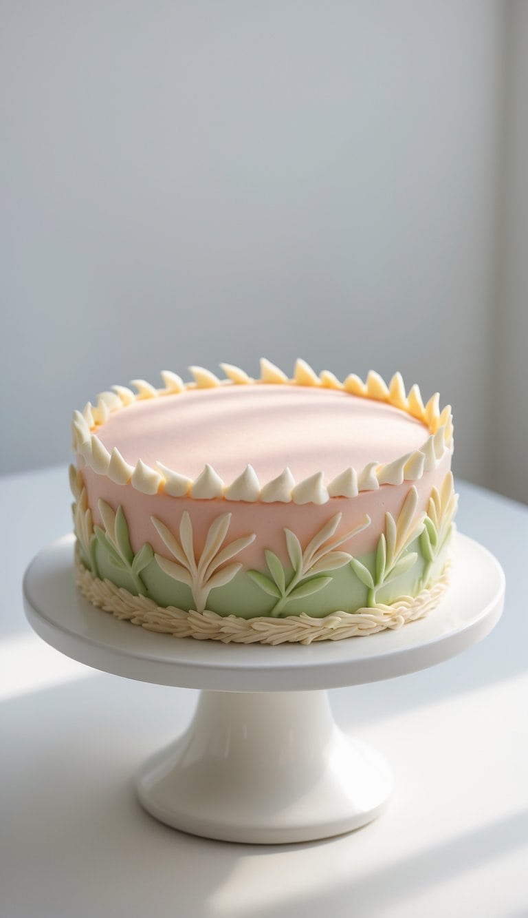 A mini cake with leaf decorations on a white cake stand on a clean surface in a bright kitchen.