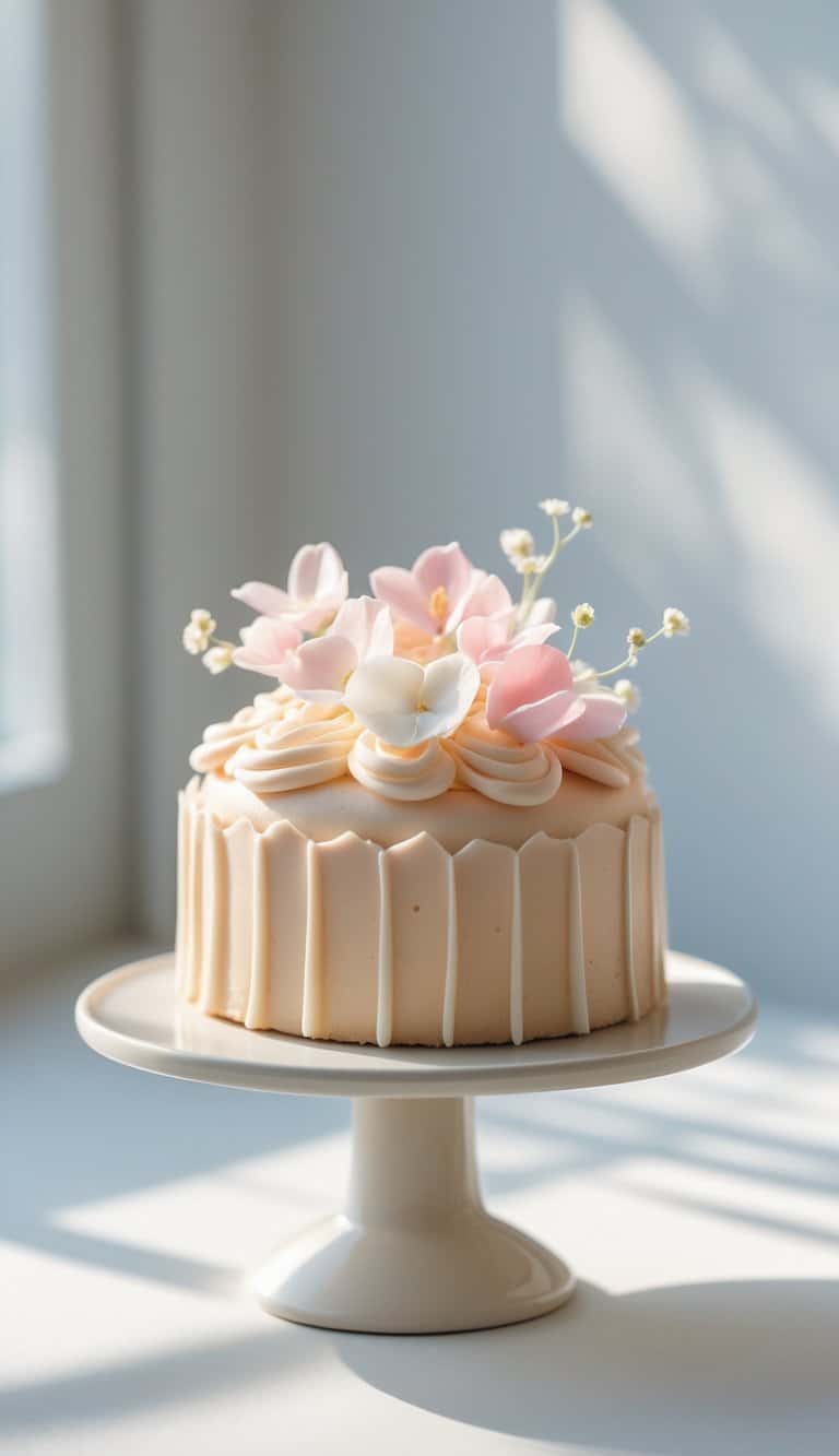 Mini cake with smooth frosting and edible flower petals on a cake stand in a bright kitchen.