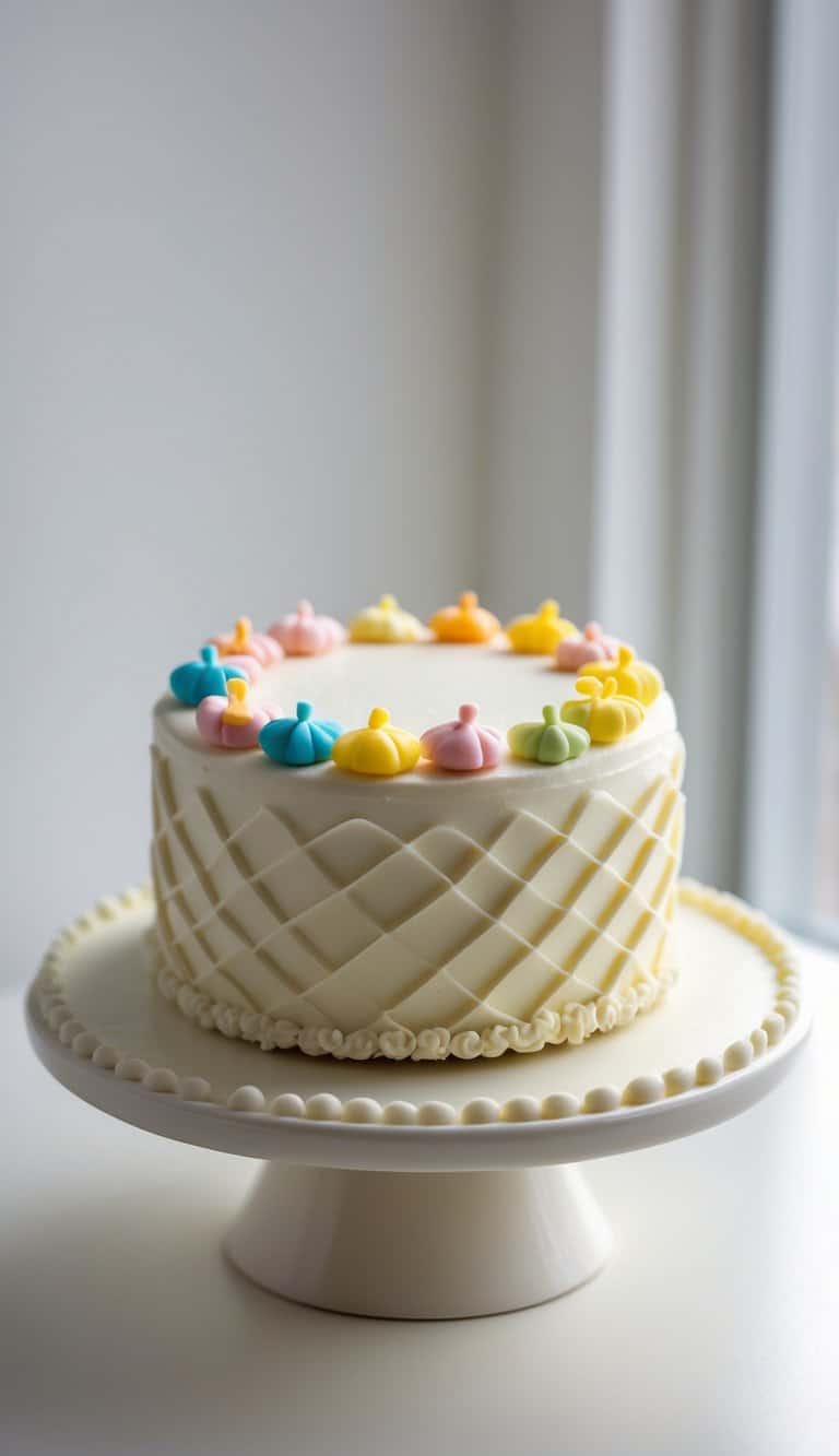 A mini cake with smooth frosting and decorative borders sits on a cake stand on a clean surface against a plain background in a bright kitchen.