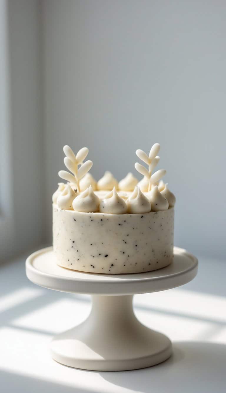 A mini cake with vanilla bean-speckled frosting on a cake stand, set on a clean surface against a plain background in a bright kitchen.