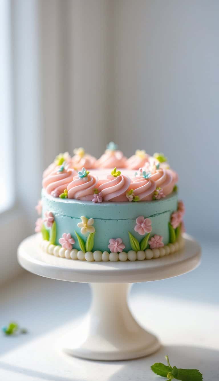 Mini cake with floral decorations on a cake stand on a clean surface against a plain background in a bright kitchen.