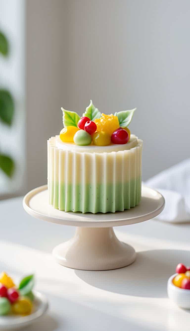 A mini cake with smooth frosting and colorful edible fruit decorations on a cake stand against a plain background in a bright kitchen.
