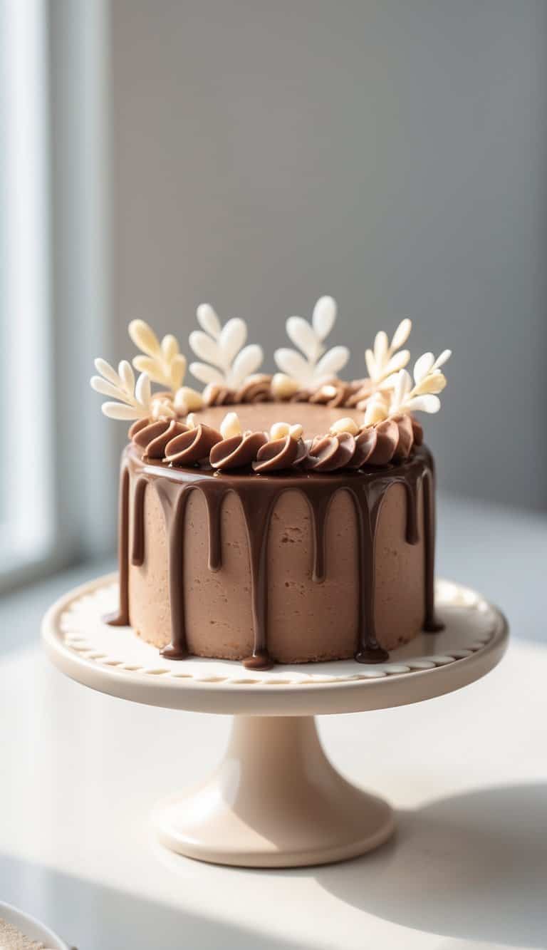 A mini round chocolate cake with smooth ganache drip frosting on a cake stand, set on a clean surface against a plain background in a bright kitchen.