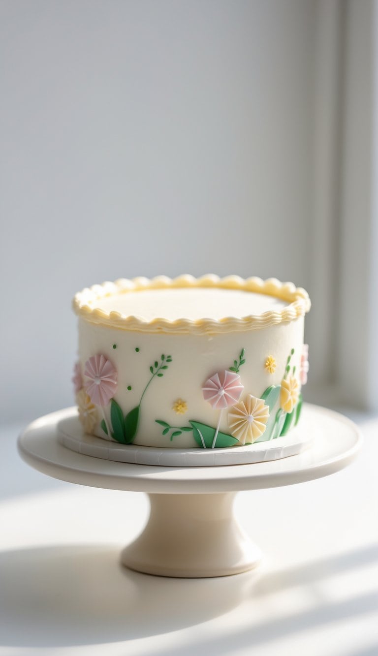 A mini decorated cake on a cake stand on a clean surface in a bright kitchen.