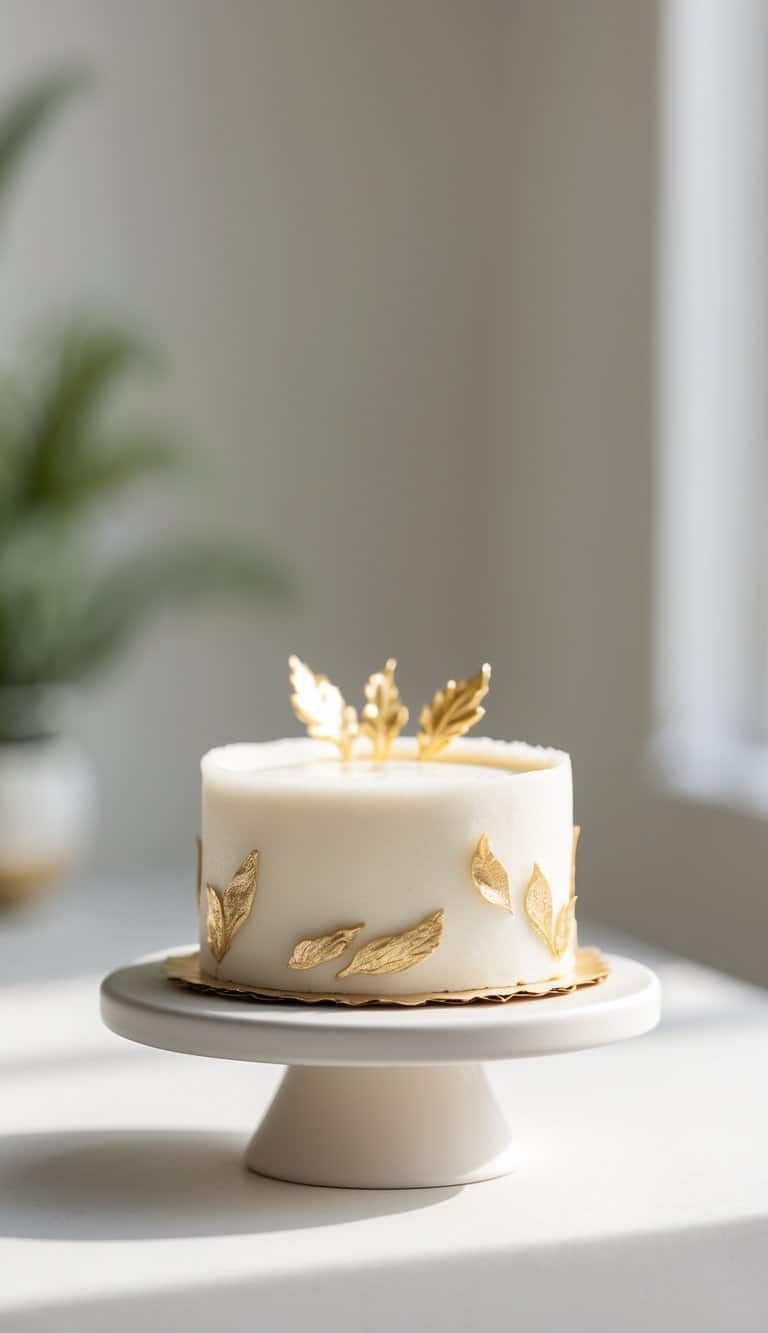 A mini cake with gold leaf decorations on a white cake stand on a clean surface in a bright kitchen.
