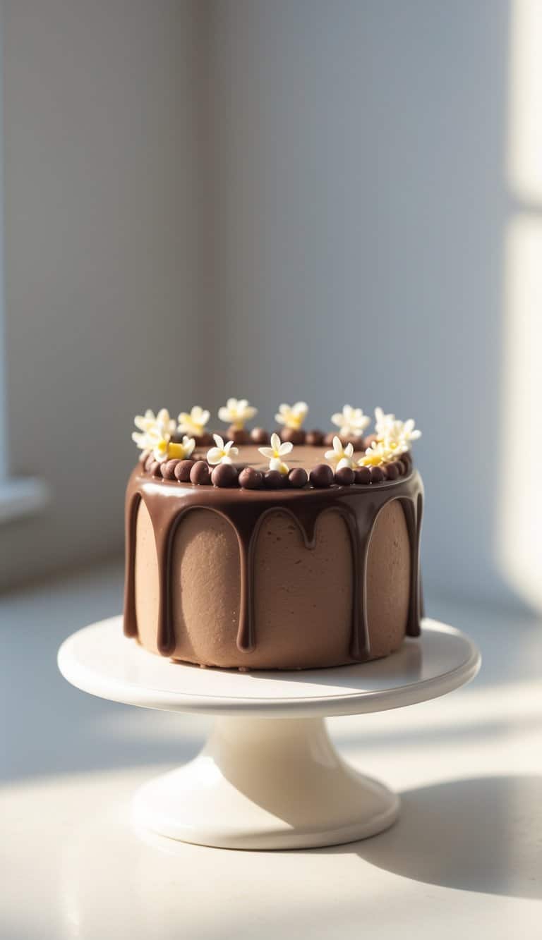 A mini round chocolate drip cake on a white cake stand on a kitchen countertop with a plain background.