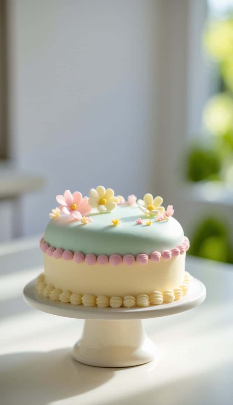 A mini round cake with smooth pastel frosting and small edible decorations on a white cake stand on a clean kitchen countertop with a plain background.