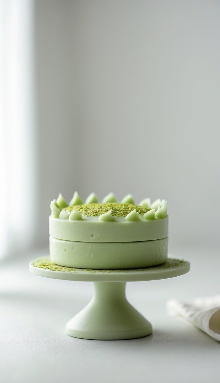 A mini cake with green frosting and decorative accents on a cake stand against a plain background in a bright kitchen.