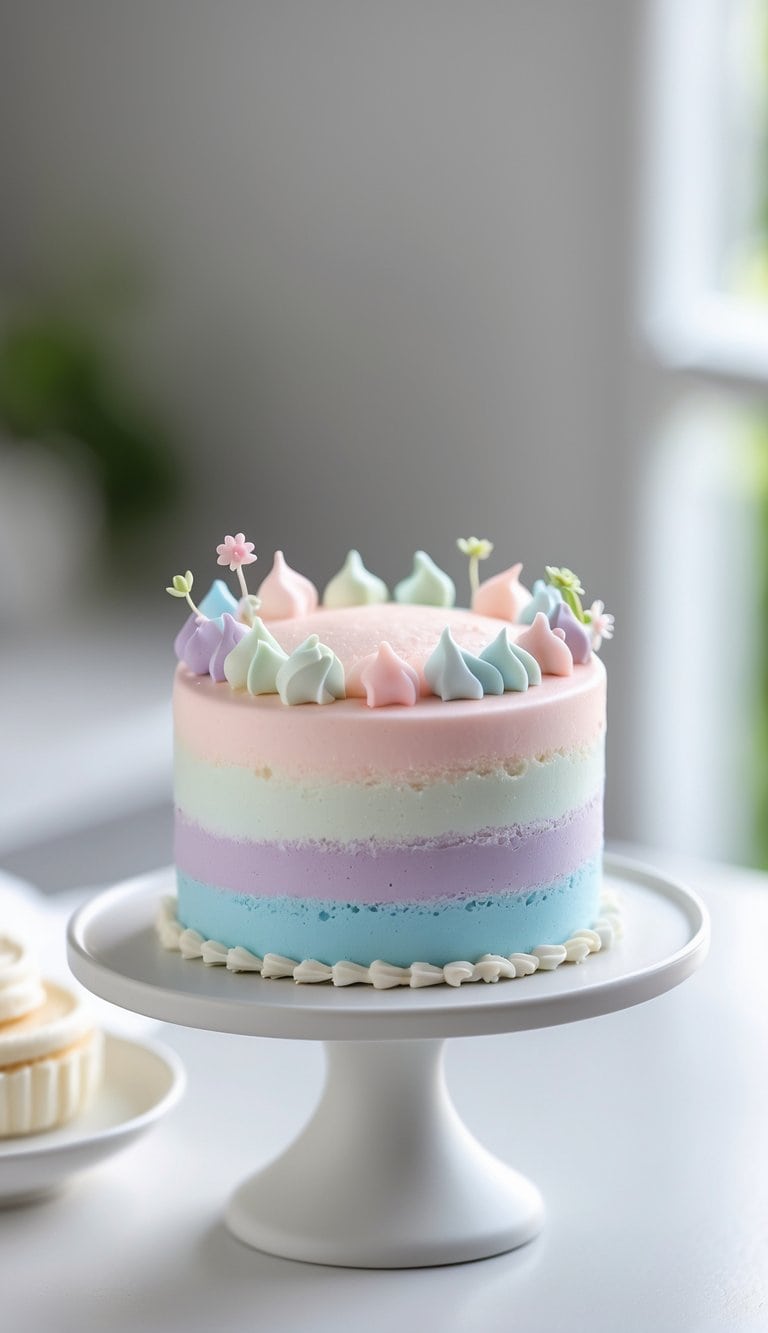 A mini pastel ombre frosted cake on a cake stand on a clean surface with a plain background in a brightly lit kitchen.