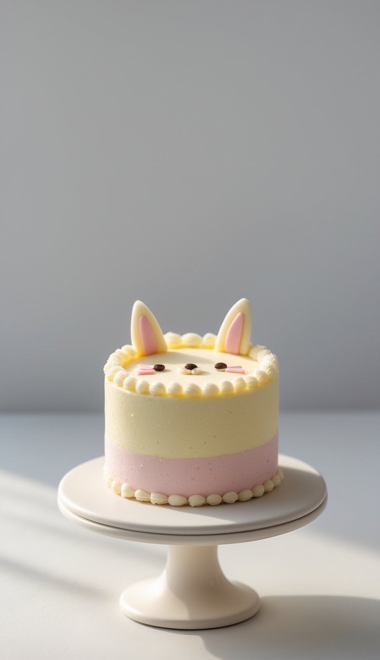 Mini cake with a cute animal face decoration on a cake stand against a plain background in a bright kitchen.