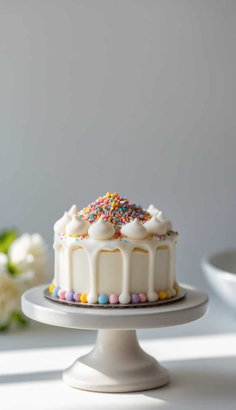 A mini cake with colorful sprinkles on a cake stand on a clean surface against a plain background in a bright kitchen.