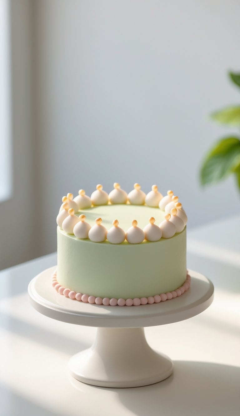 A mini cake on a cake stand on a clean surface against a plain background in a bright kitchen.