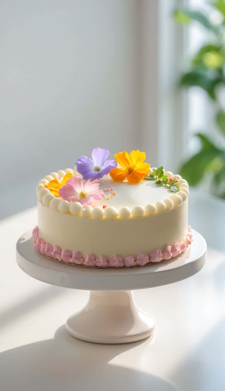A mini cake with smooth frosting and edible flowers on a cake stand in a bright kitchen with a plain background.