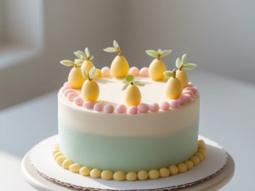 A pastel-colored cake with smooth, white and light blue icing is decorated with yellow fondant pears, pink and yellow icing balls, and small green leaves, displayed on a white cake stand in natural sunlight.