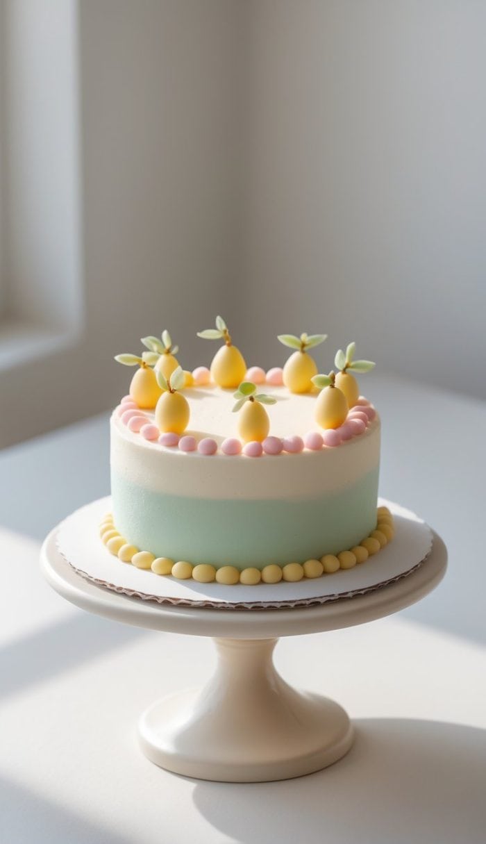 A pastel-colored cake with smooth, white and light blue icing is decorated with yellow fondant pears, pink and yellow icing balls, and small green leaves, displayed on a white cake stand in natural sunlight.