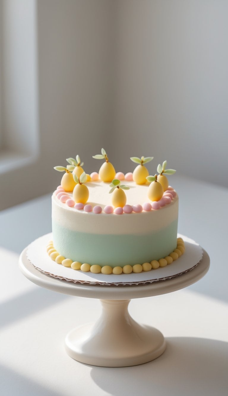 Mini cake with smooth frosting and marzipan fruit decorations on a cake stand, set on a clean surface against a plain background in a bright kitchen.