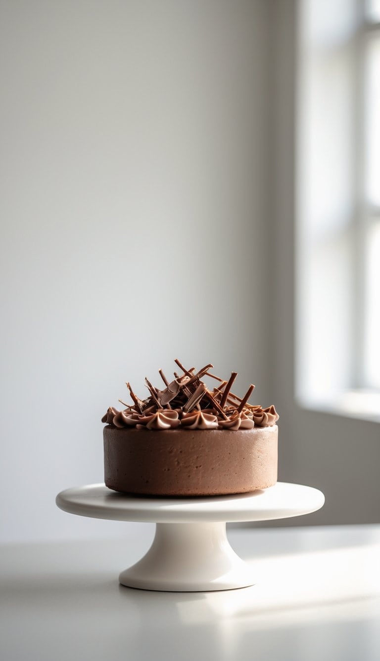 A mini round chocolate cake with smooth frosting and chocolate shavings on top, sitting on a white cake stand on a clean surface against a plain background.