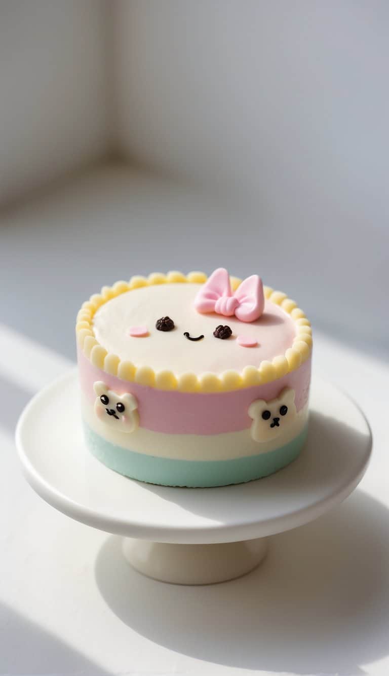 Mini cake on a cake stand on a clean surface with a plain background in a bright kitchen.