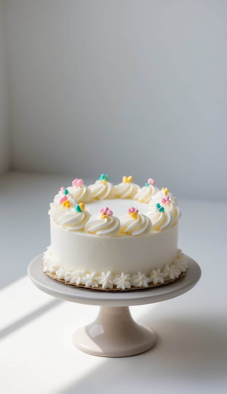 A mini cake with white frosting and decorative swirls sits on a cake stand on a clean surface against a plain background in a bright kitchen.