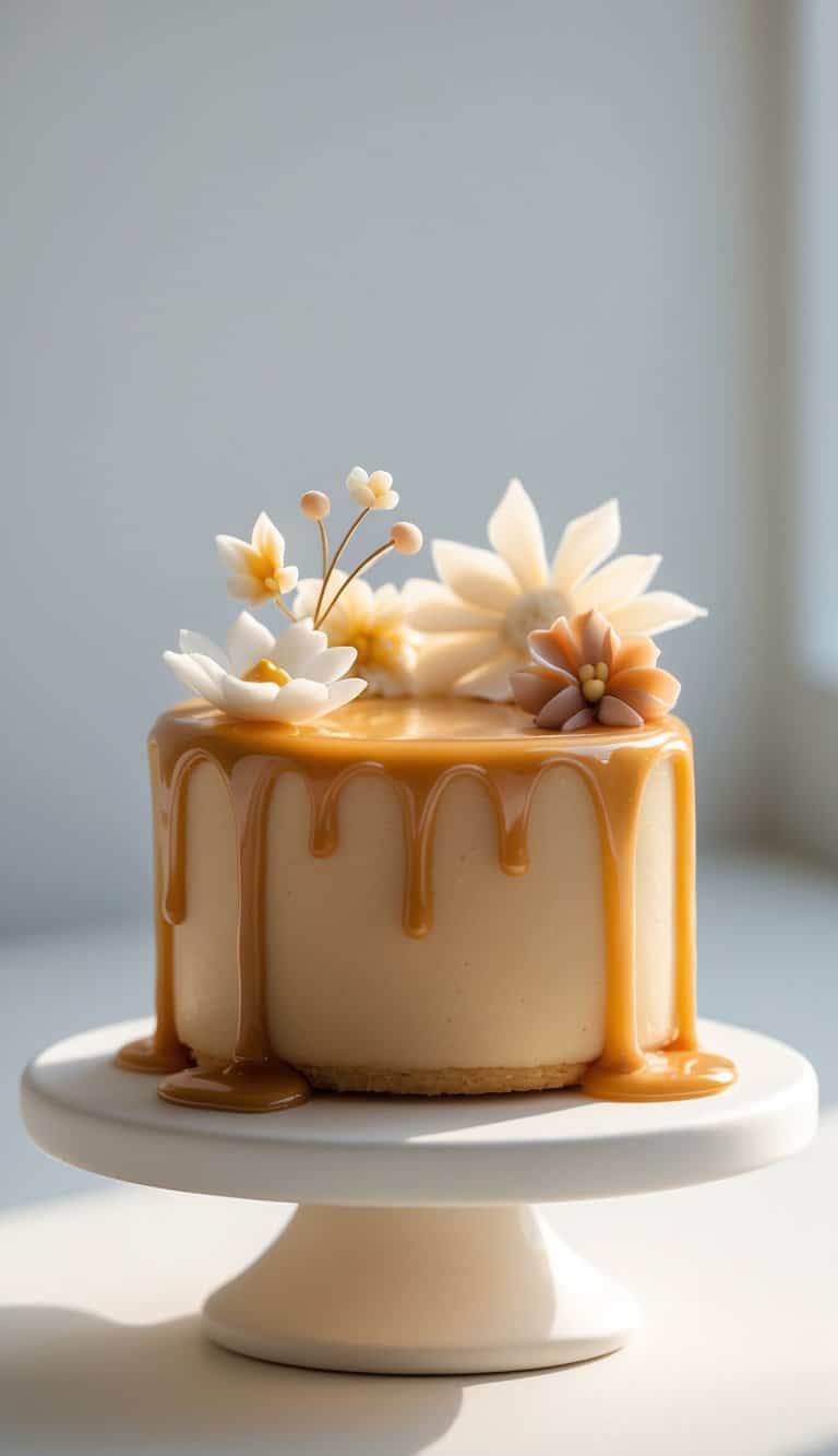 Mini caramel-drizzled cake on a white cake stand against a plain background in a bright kitchen.