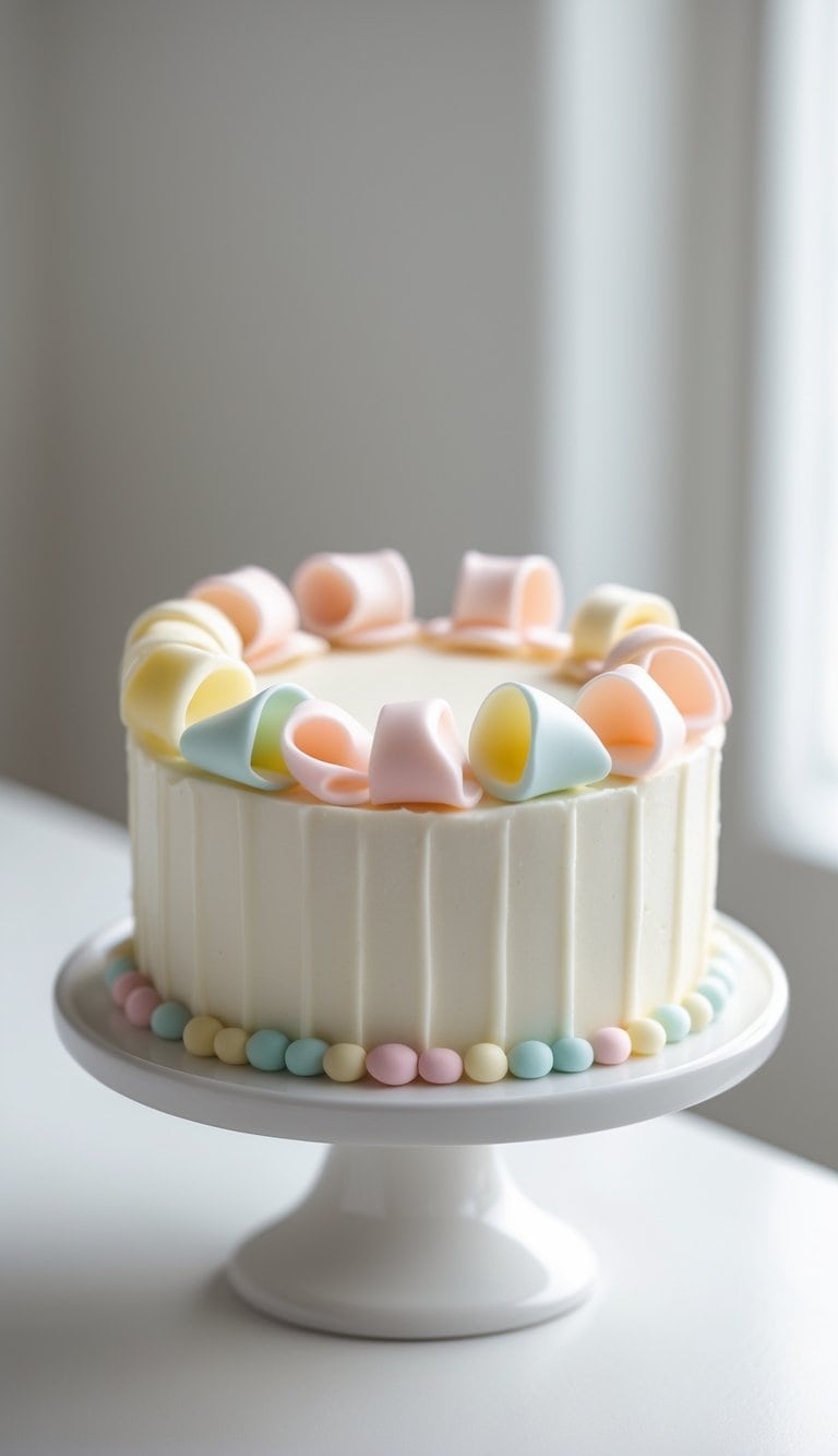 Mini cake with fondant bows on a cake stand on a clean surface against a plain background in a bright kitchen.