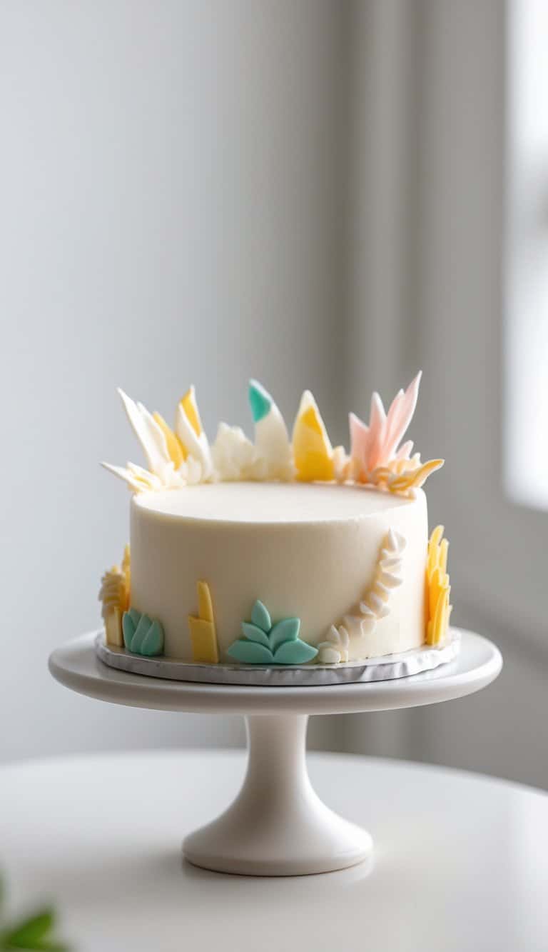 A mini cake on a cake stand on a clean surface against a plain background in a brightly lit kitchen.