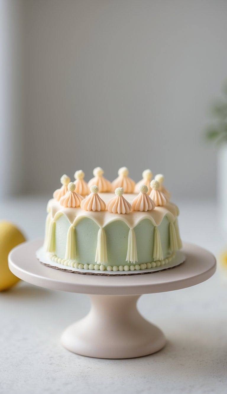 A mini cake with smooth frosting and decorative tassels on a cake stand on a clean surface in a bright kitchen.