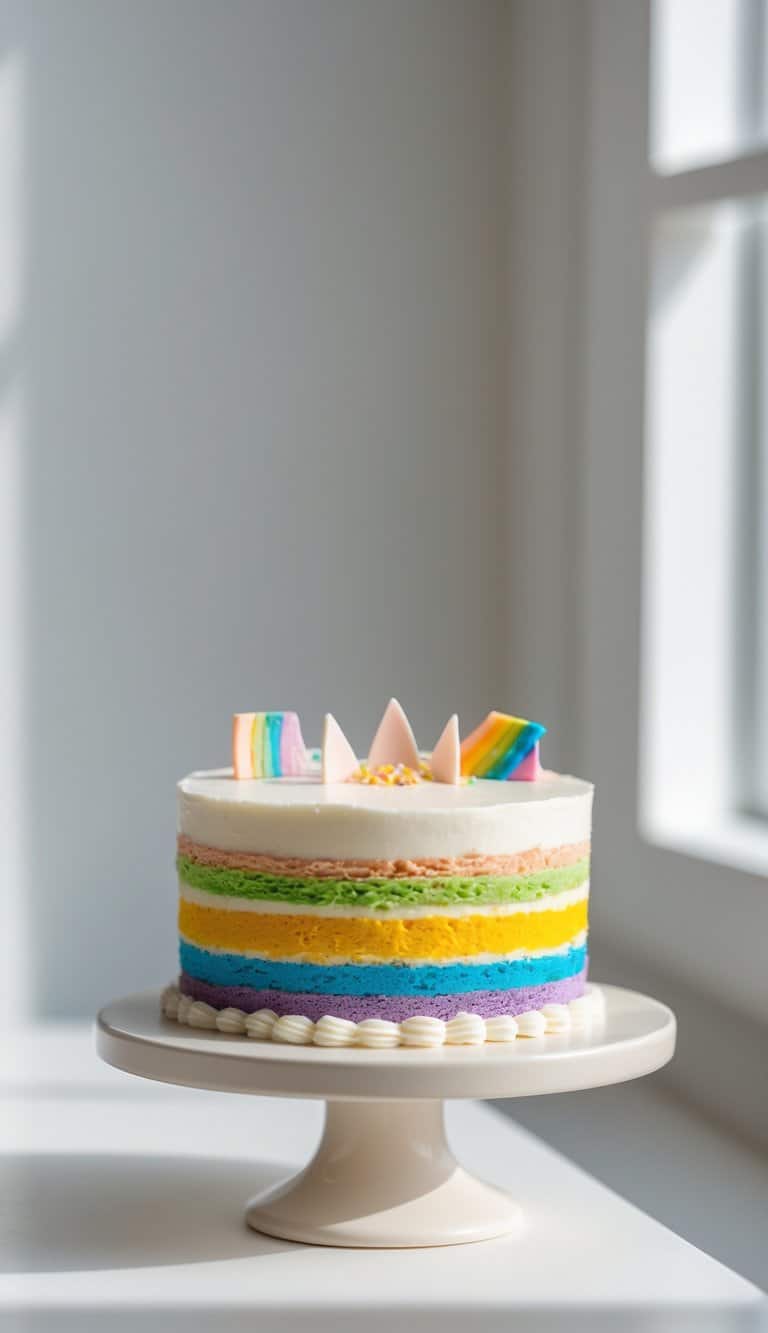 A mini rainbow layered cake on a white cake stand on a clean surface with a plain background in a bright kitchen.