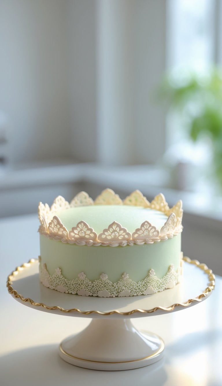 A mini cake with smooth frosting and decorative icing on a cake stand on a clean surface in a bright kitchen.