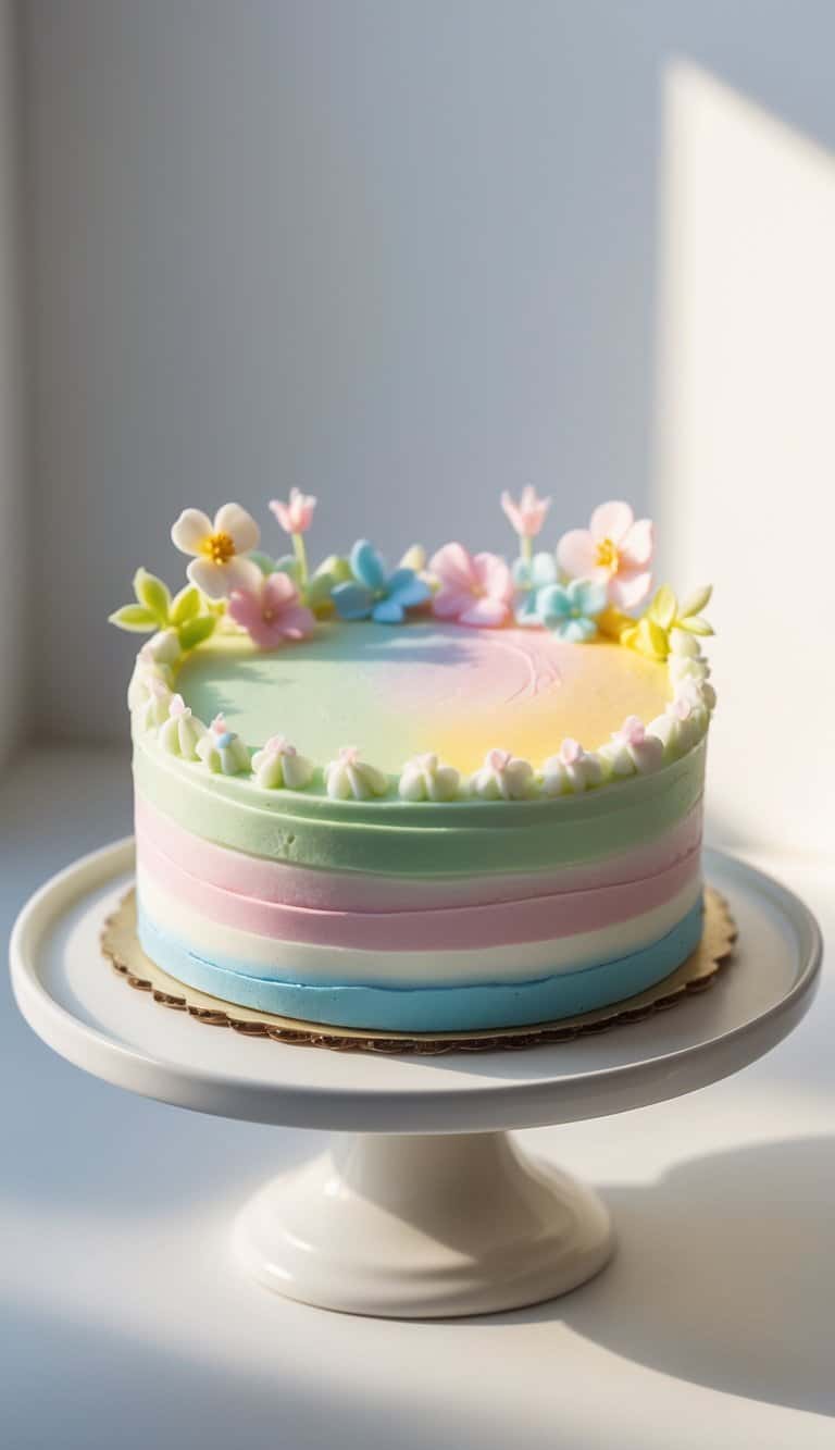 A mini cake with smooth pastel frosting and edible decorations on a cake stand against a plain background in a brightly lit kitchen.
