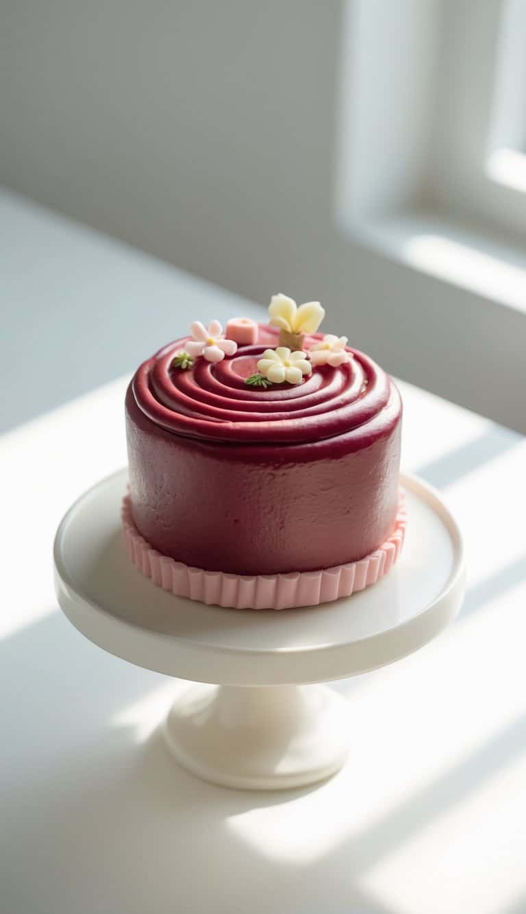 A mini cake with smooth red frosting and delicate edible decorations sits on a cake stand on a clean surface in a bright kitchen.