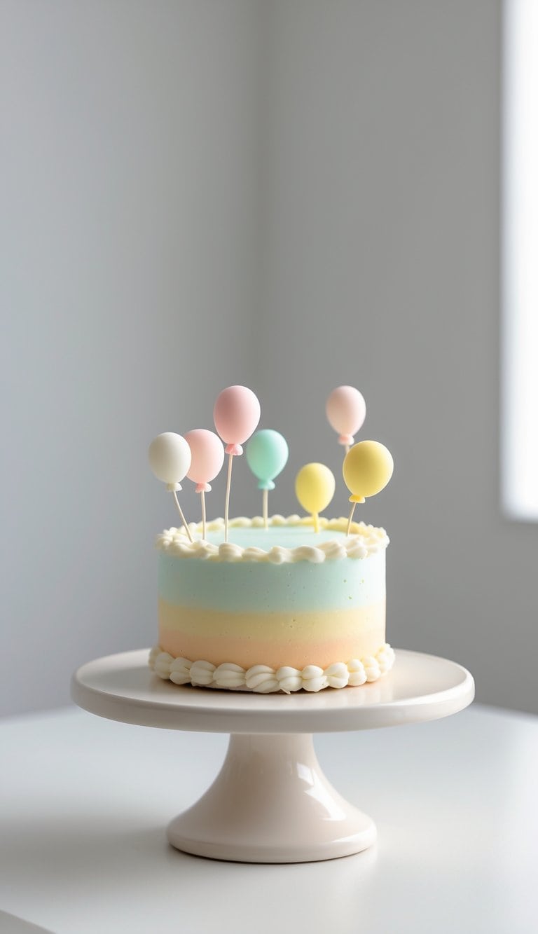 A mini cake with smooth frosting and balloon-shaped edible decorations sits on a cake stand on a clean surface against a plain background in a bright kitchen.