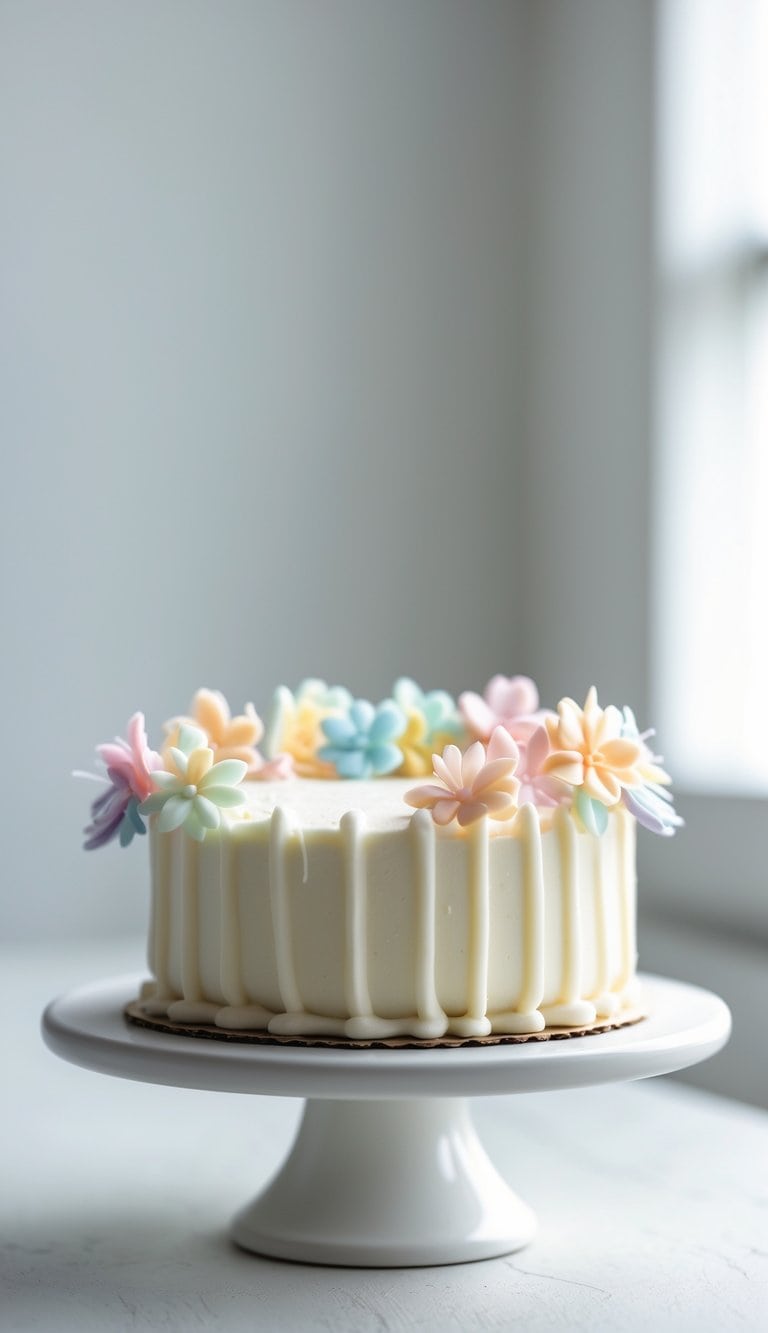 A mini cake with smooth frosting and small fondant flowers on a white cake stand on a clean surface against a plain background in a bright kitchen.