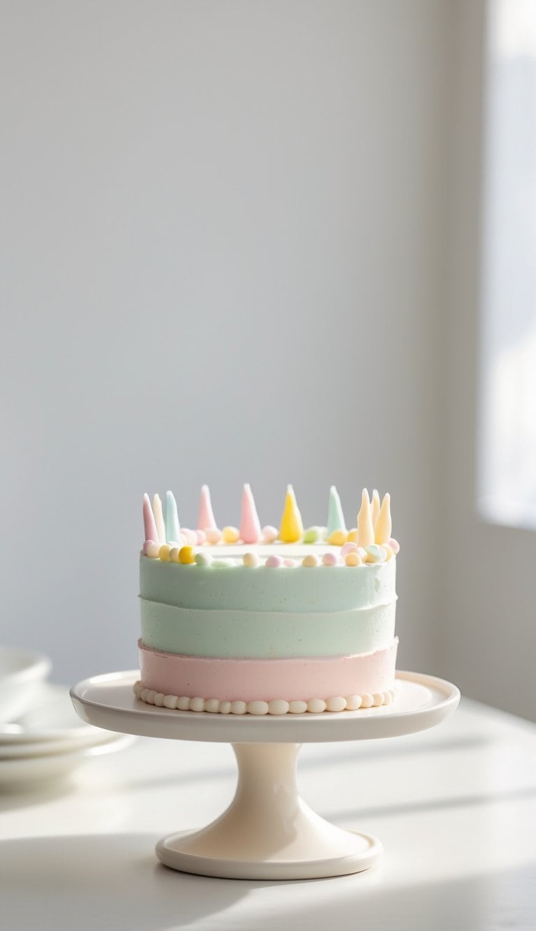 Mini cake on a cake stand on a clean surface with a plain background in a bright kitchen.